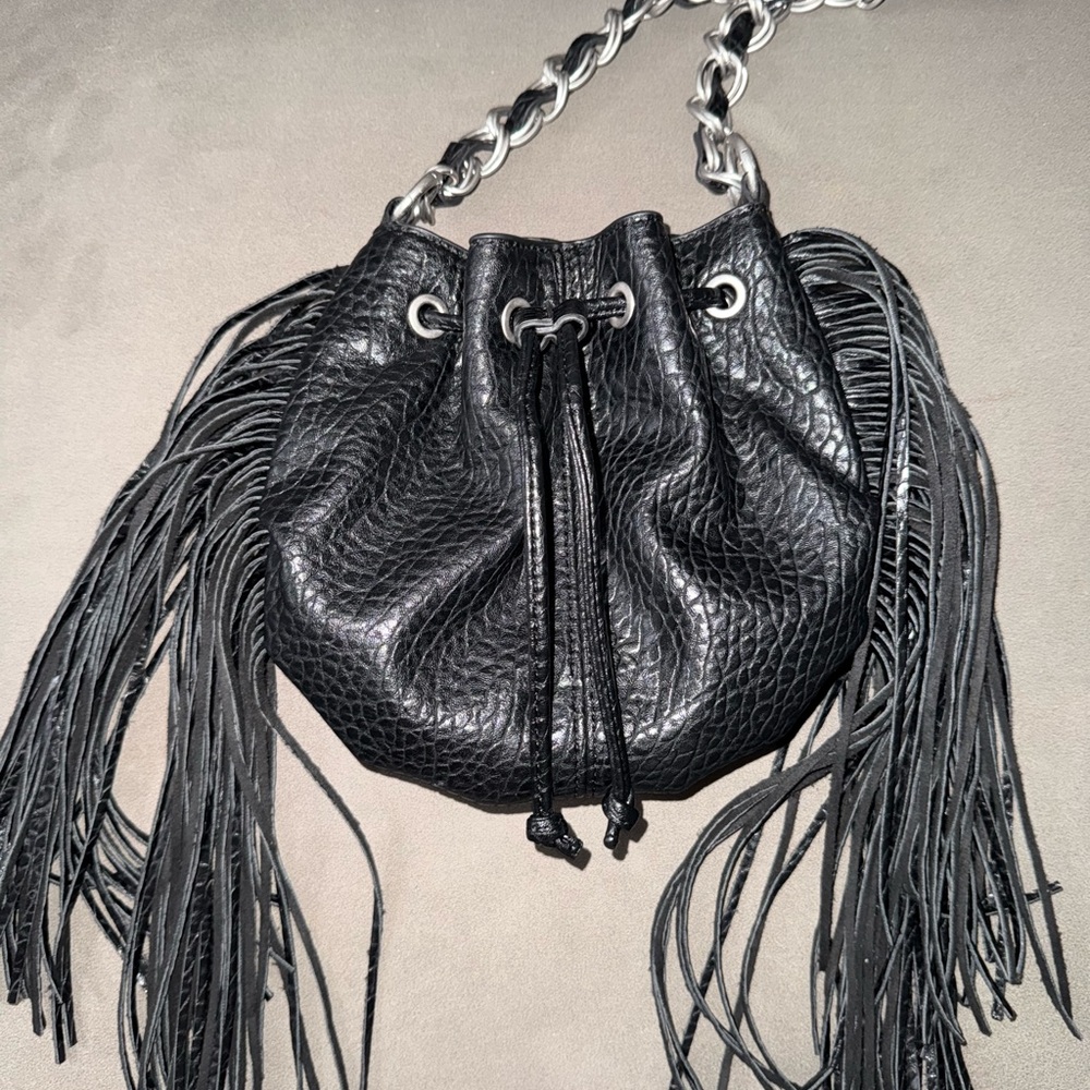 ZARA Black Fringe Leather Drawstring Shoulder Bag